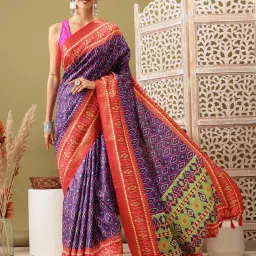 Silk Land Blue & Red Silk Printed Saree With Unstitched Blouse image 1