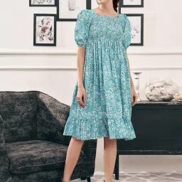 SELVIA Blue & White Floral Print Fit & Flare Dress image 1