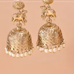 Fida White Ethnic Wedding Dome Shape Pearl Nandi Cow Temple Jhumki Earrings image 1