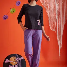 Clovia Black & Purple Graphic Print T-Shirt With Pyjamas image 1