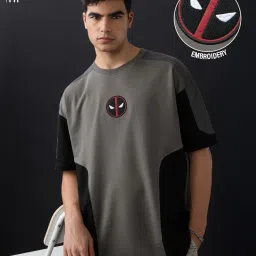The Souled Store Grey Loose Fit Colour-Block T-Shirt image 1