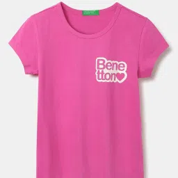 United Colors of Benetton Kids Pink Cotton Printed T-Shirt image 1