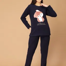 Sweet Dreams Navy Fleece Printed Winterwear Top With Pyjamas image 1