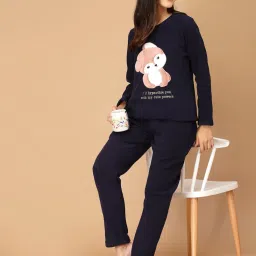 Sweet Dreams Navy Fleece Printed Winterwear Top With Pyjamas image 4