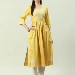Biba Yellow Embroidered Flared Kurta image 1
