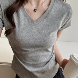 outzidr Grey V-Neck Slim Fit Short Sleeves T-shirt-picture-24