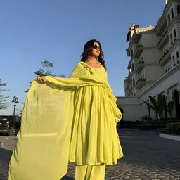 J.KANJI Women Tiered Beads and Stones Pure Cotton Kurta with Palazzos & Dupatta image 2