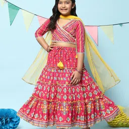 BIBA  Three Fourth Sleeves Gota Patti  Embellished  Flower & Block Printed Tiered Lehenga Set - Pink-picture-18