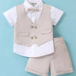 ToffyHouse Poplin Woven Half Sleeves Golf Printed Party Suit with Waist Coat & Bow - Beige-picture-35