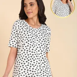 Zelena Cotton Half Sleeves Floral Printed Zipless Maternity Feeding Top - Black & White-image-57