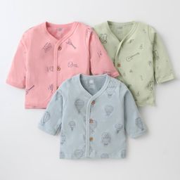 Zero Interlock Cotton Sinker Knit Full Sleeves Front Open Vests With Music Theme Print Pack of 3 - Pink Mint & Aqua Blue-picture-40