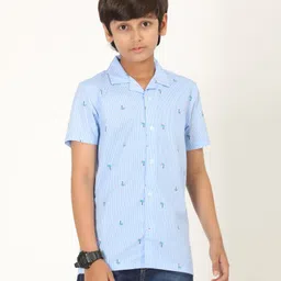 Zion Cotton Half Sleeves Palm Tree Printed Striped Shirt - Light Blue-picture-18