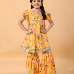 MASTARANG Woven Half Puffed Sleeves Floral Printed Gota Lace & Sequins Embellished Kurta Sharara With Dupatta Set - Yellow-picture-12