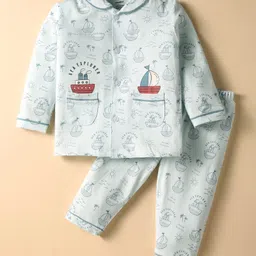 CUCUMBER Sinker Knit Full Sleeves Co-ords Night Suit With Nautical Theme Print - White image 1