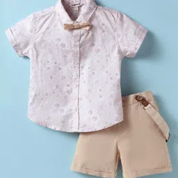 ToffyHouse Poplin Woven Half Sleeves Floral Printed Shirt & Shorts With Bow & Suspender - Light Pink & Khaki-picture-27
