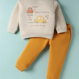 ToffyHouse 100% Cotton Knit Full Sleeves Car Embroidery Winter Wear T-Shirt & Joggers Set - Golden Yellow-picture-26