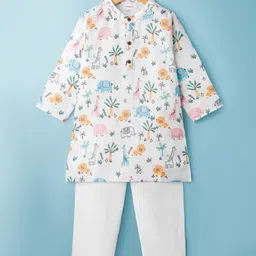 Babyhug Cotton Cambric Woven Full Sleeves Kurta Pyjama Set with Animal Print - Off White-picture-10