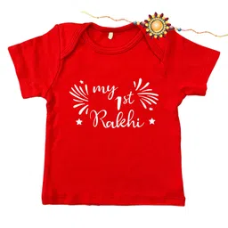 Kadam Baby Cotton Knit Raksha Bandhan Theme Half Sleeves My 1st Rakhi Text Printed Tee With Rakhi - Red-picture-13