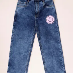 Kiddopanti Denim Woven Sequins Embellished Smiley Face Patch Detailed Mild Washed Jeans - Medium Blue-picture-10