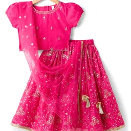 Babyhug Chanderi Woven Half Sleeves Choli Lehenga & Dupatta Set With Floral Print & Embriodered - Fuschia-picture-13