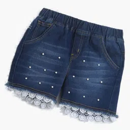 Bright Stars KIDSWEAR Woven Mild Washed & Pearls Embellished Lace Detailed Shorts - Blue-picture-16