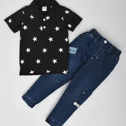 Kiwi Cotton Knit Half Sleeves Star Printed Polo Tee & Denim Jeans Set - Black & Blue-picture-13