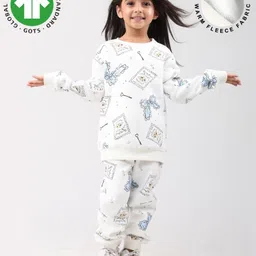 Anthrilo Fleece Knit Full Sleeves Bow & Cat Printed Coordinating Winter Sweatshirt & Jogger - White-picture-34