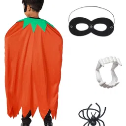 Itsmycostume Halloween Theme Spooky Pumpkin Cape With Fake Spider Ring & Dracula Teeth - Orange-image-33