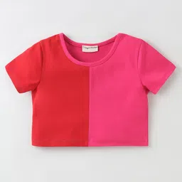 CrayonFlakes Cotton Half Sleeves Colour Block Coordinating Crop Top & Skort Set - Red image 3