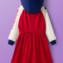 Pine Kids Cotton Knit Full Raglan Sleeves Hooded Sweatshirt Dress With Text Print - Red & White image 2