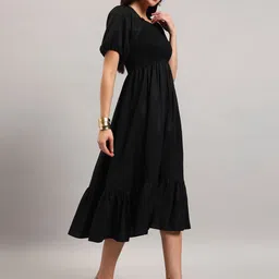 Femvy Puff Sleeve Crepe A-Line Midi Dress image 2