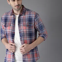 Moda Rapido Men Pink & Navy Blue Slim Fit Checked Casual Shirt-image-93