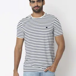 Spykar Navy Blue Slim Fit Striped T-Shirt image 1