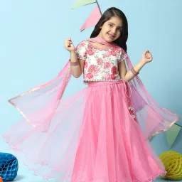 BIBA Girls White & Pink Embellished Blouse, Lehenga with Dupatta image 5