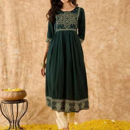Indo Era Green Embroidered Fit and Flare Kurta image 1