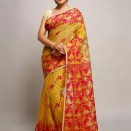 Bengal Handloom Beige & Red Art Silk Jamdani Saree Without Blouse image 1