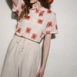 Vero Moda Beige & Orange Cotton Self Design Polo T-Shirt image 1