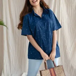 The Indian Ethnic Co Indigo Straight Ajrakh Handblock Printed Cotton Shirt with Elbow Sleeves & Shirt Collar-image-97