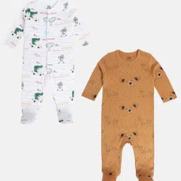 MINIKLUB Boys White & Brown Cotton Printed Full Sleeves Sleep Suit image 1