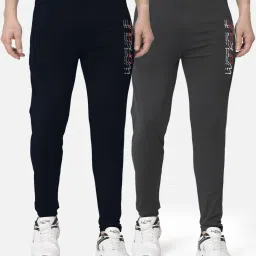 Bullmer Navy & Dark Grey Cotton Slim Fit Printed Sports Trackpants- Pack Of 2 image 1