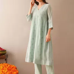 Jaypore Blue Block Printed Flare Fit Kurta image 1