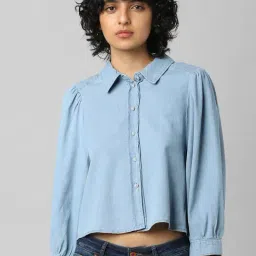 Only Light Blue Denim Cotton Puff Sleeve Shirt-image-96