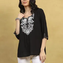 Rangriti Black Viscose Rayon Embroidered Three-Quarter Sleeves Kurti image 1