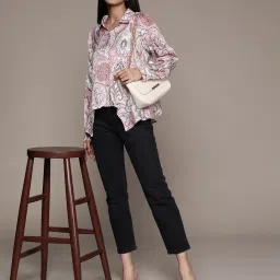 Label Ritu Kumar Pink Satin Printed Asymmetric Satin Shirt image 1