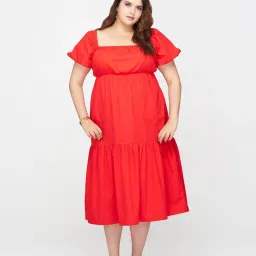 VIRGIO Red Flared Fit Solid Dress image 1