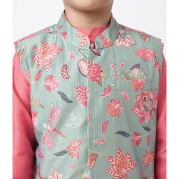 Lil Drama Kids Pink & Mint Green Floral Print Full Sleeves Kurta, Pants With Nehru Jacket image 5