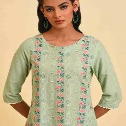 W Green Cotton Printed Straight Kurta image 5