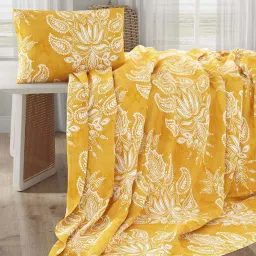 Layers Serenity Yellow Cotton 200 TC Landour Damask Double Bedsheet with 2 Pillow Covers image 1