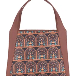 ZOUK Royal Indian Peacock Motif Trapezia Brown Printed Tote Bag image 5