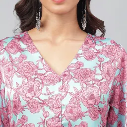 Janasya Sea Green Floral Print High Low Kurta image 5